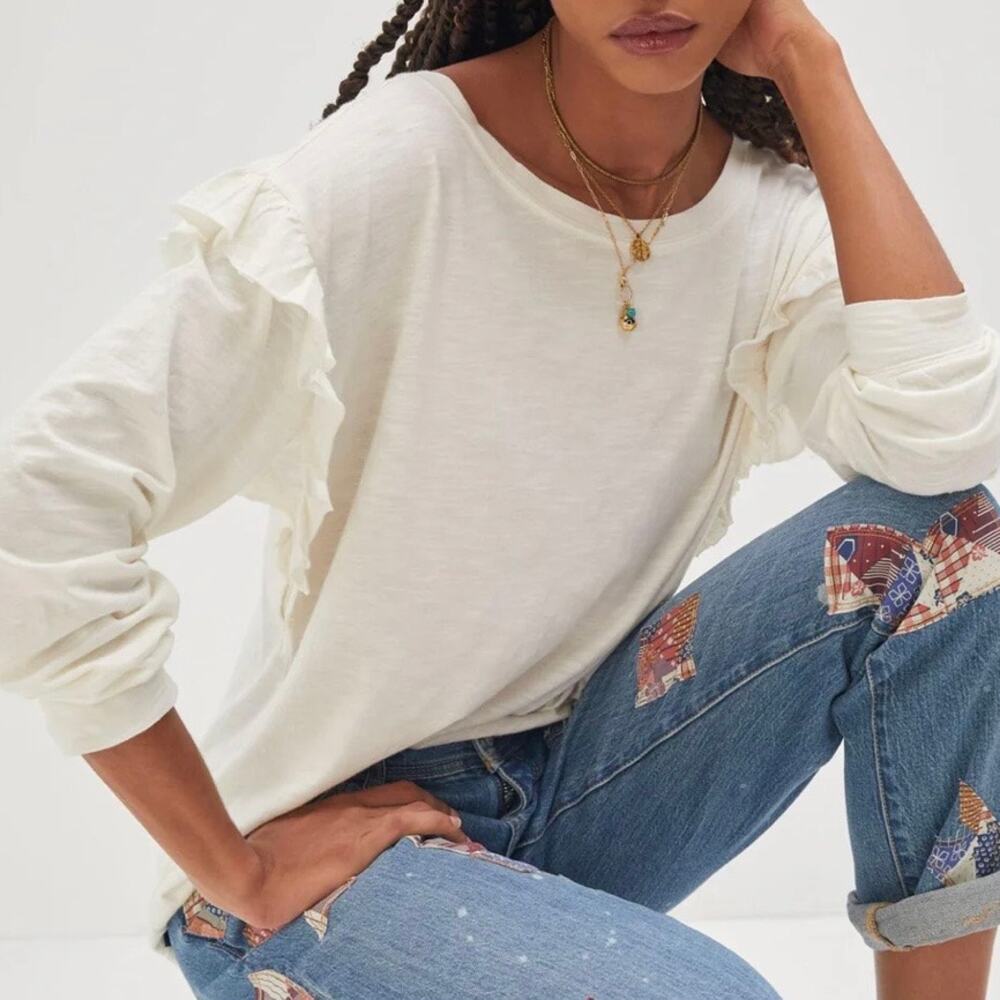 PILCRO x ANTHROPOLOGIE | Off White Ruffled Open-Back Tunic Tee Top | Size XL